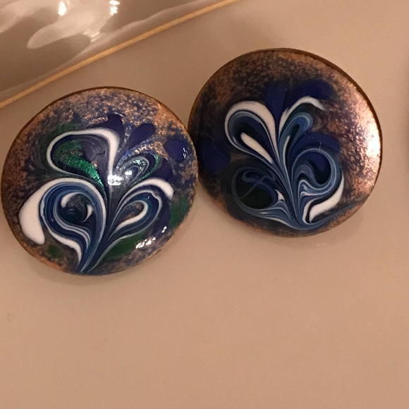 Enamel/copper brooch & earrings set signed Inga - Picture 4 of 5